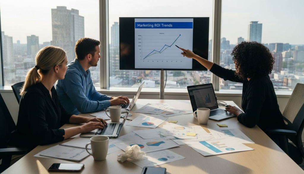Marketing team discussing ROI in modern office