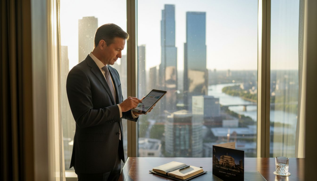 Luxury hotel director reviews marketing data in office