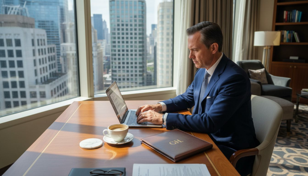 Hotel manager sending guest email in luxury office