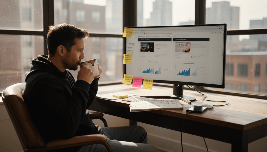 Designer analyzes landing page on office desk