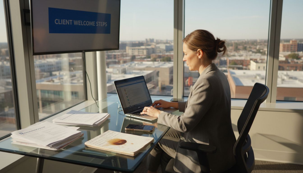 Manager working on client onboarding checklist