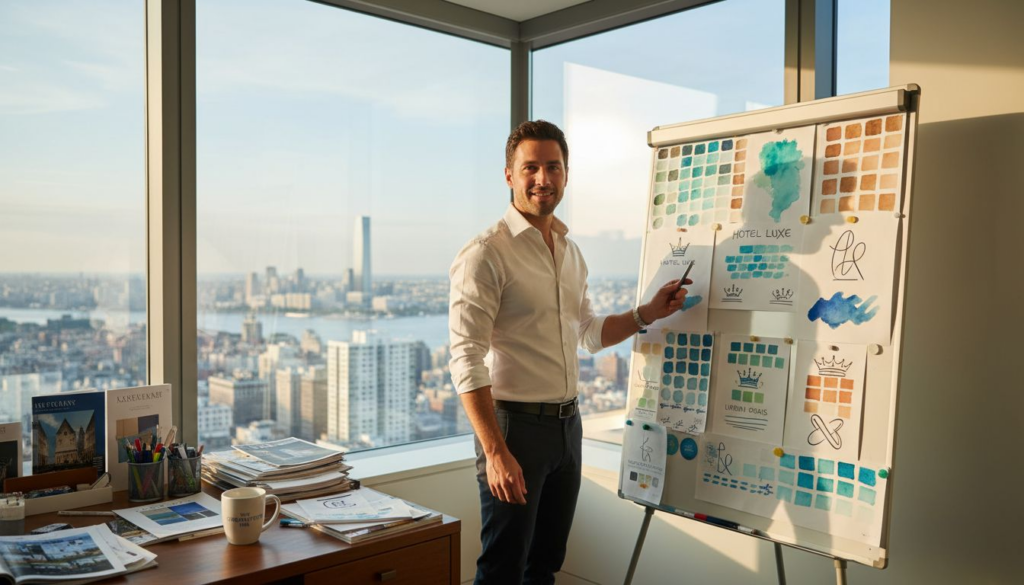 Branding strategist reviewing style guide drafts