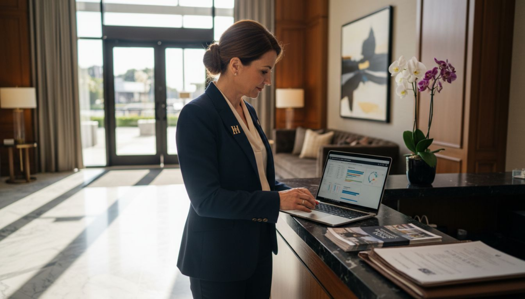 Hospitality manager reviewing digital dashboard
