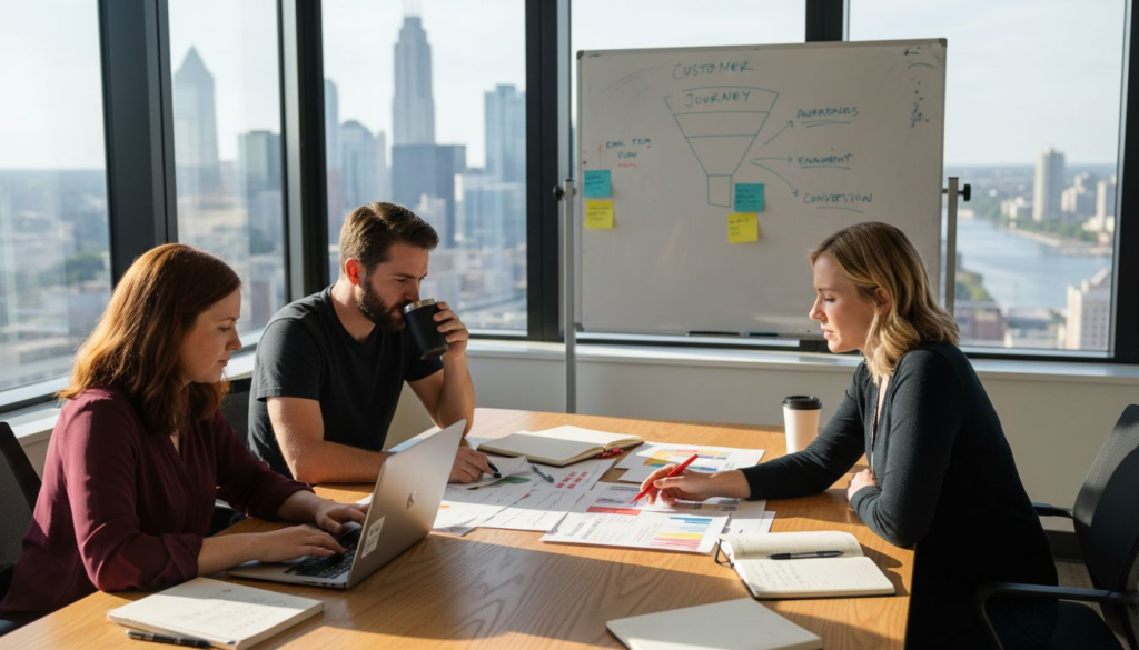 Marketing team discussing inbound planning in office