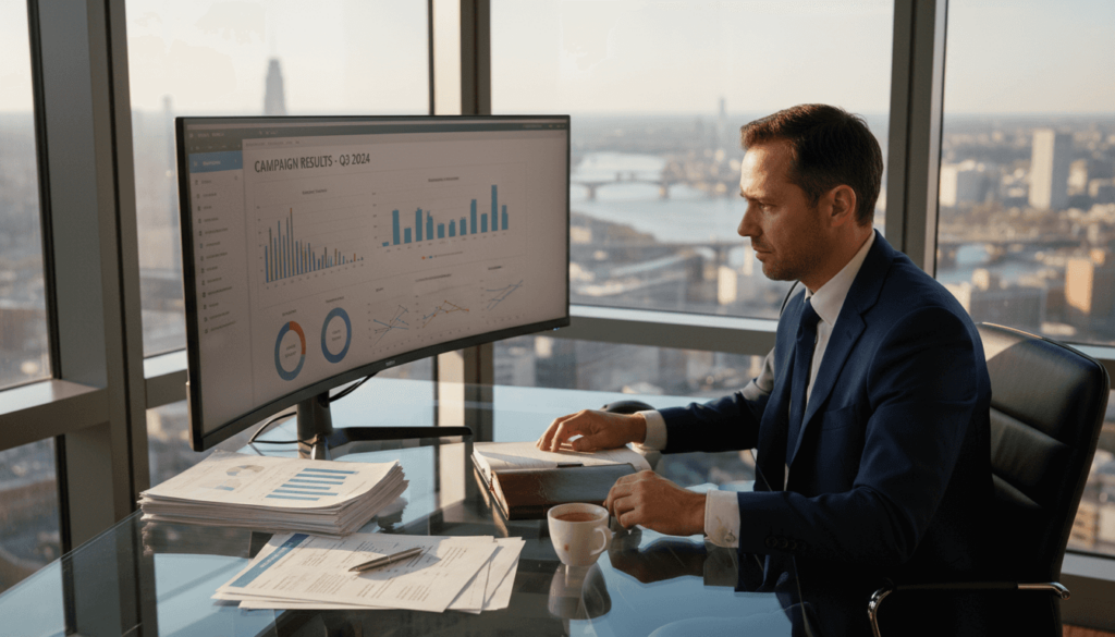 Marketing manager reviewing campaign data in office