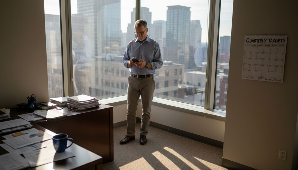 Entrepreneur in corner office reviewing reports