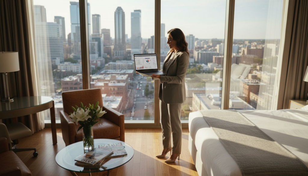 Hotel marketer reviewing social media stats in suite