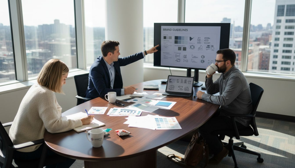 Branding team discussing guidelines in corner office