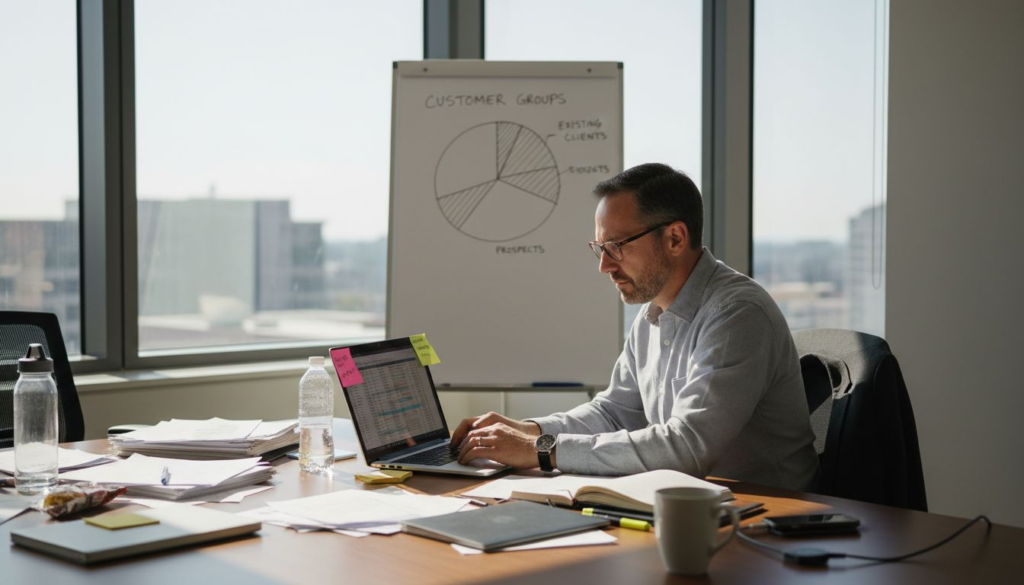 Manager reviews customer data at corner office